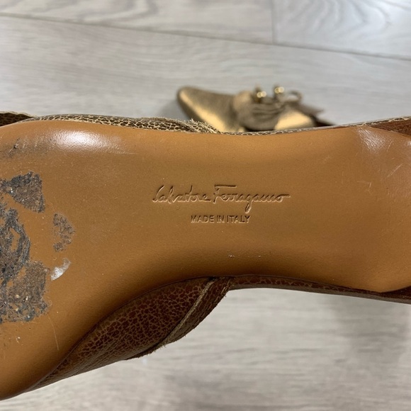 Salvatore Ferragamo Gold Floral Kitten Heel Open Back Heels - Picture 13 of 13